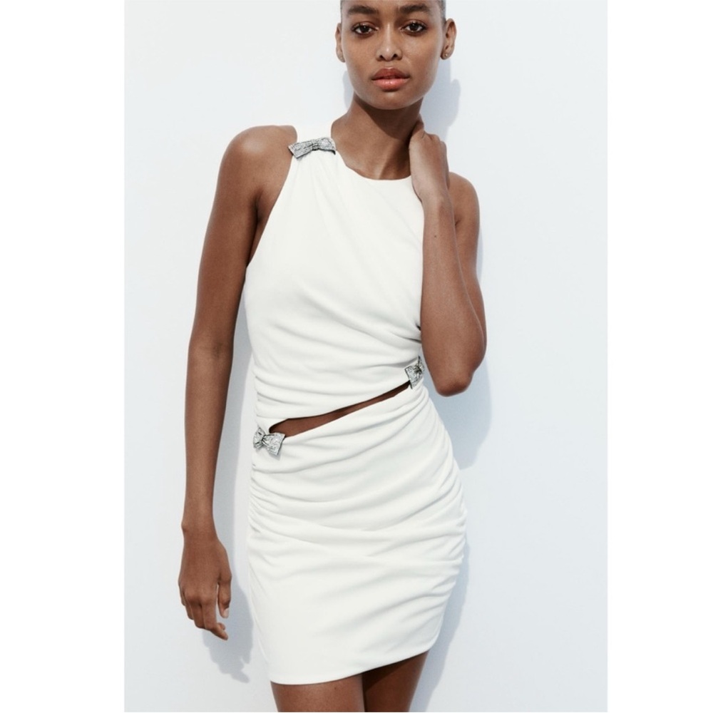 Zara White Cutout Mini Dress with Embellished Buckles